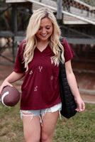 Boyfriend V-Neck Embroidered Football Elements Maroon - Beau Kisses