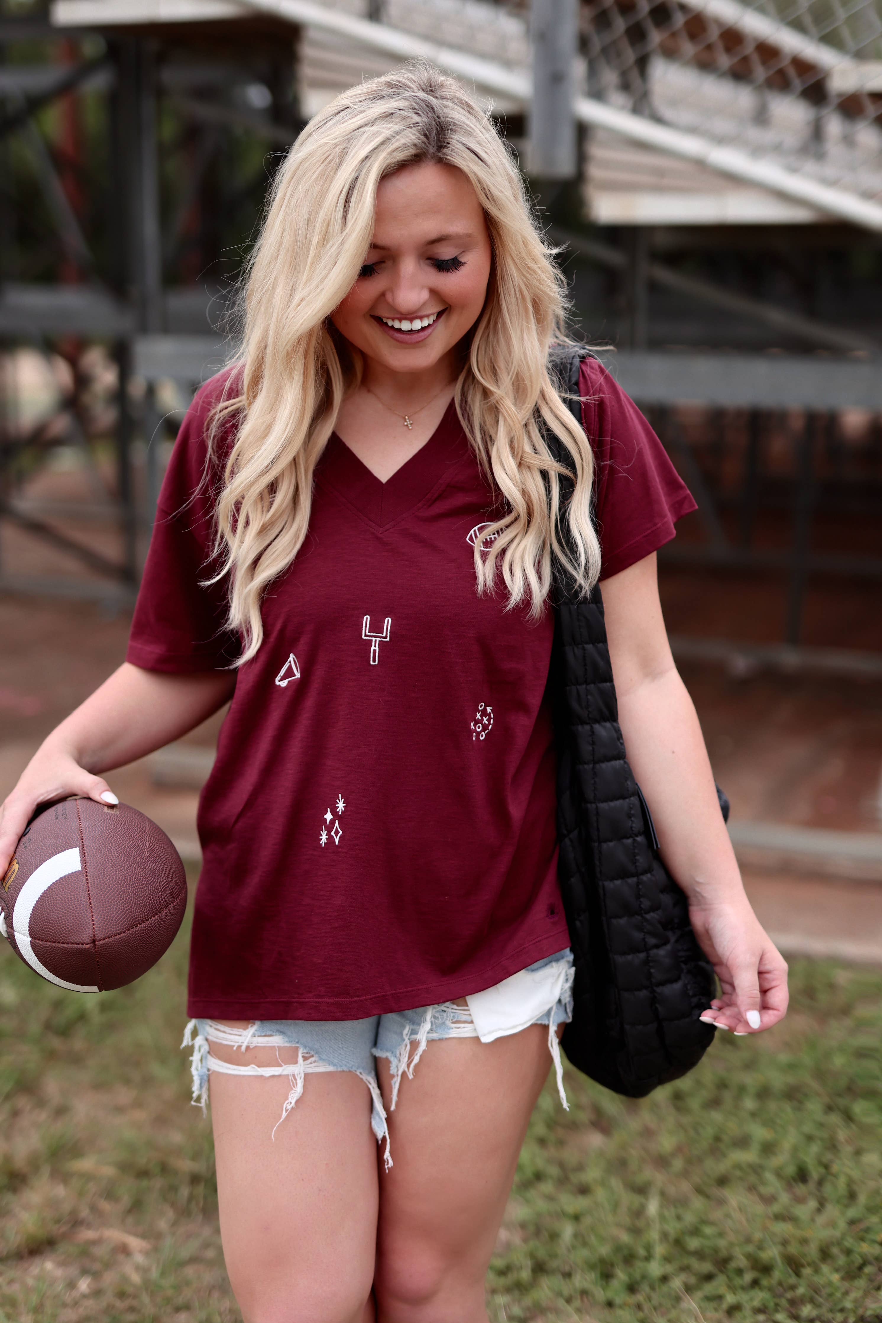 Boyfriend V-Neck Embroidered Football Elements Maroon - Beau Kisses