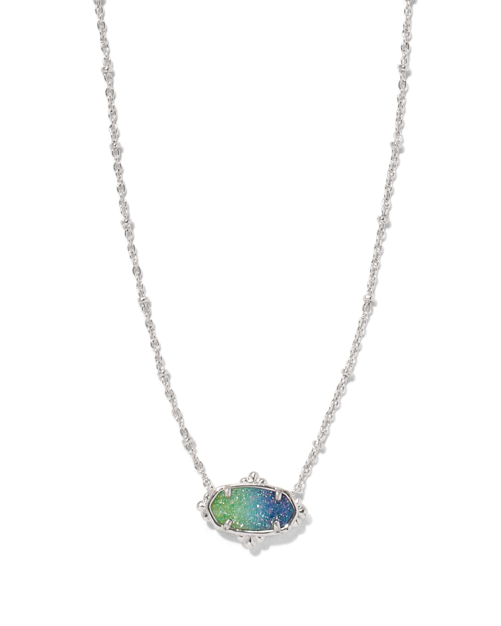 Elisa Petal Framed Short Pendant Necklace Silver Aqua Ombre Drusy