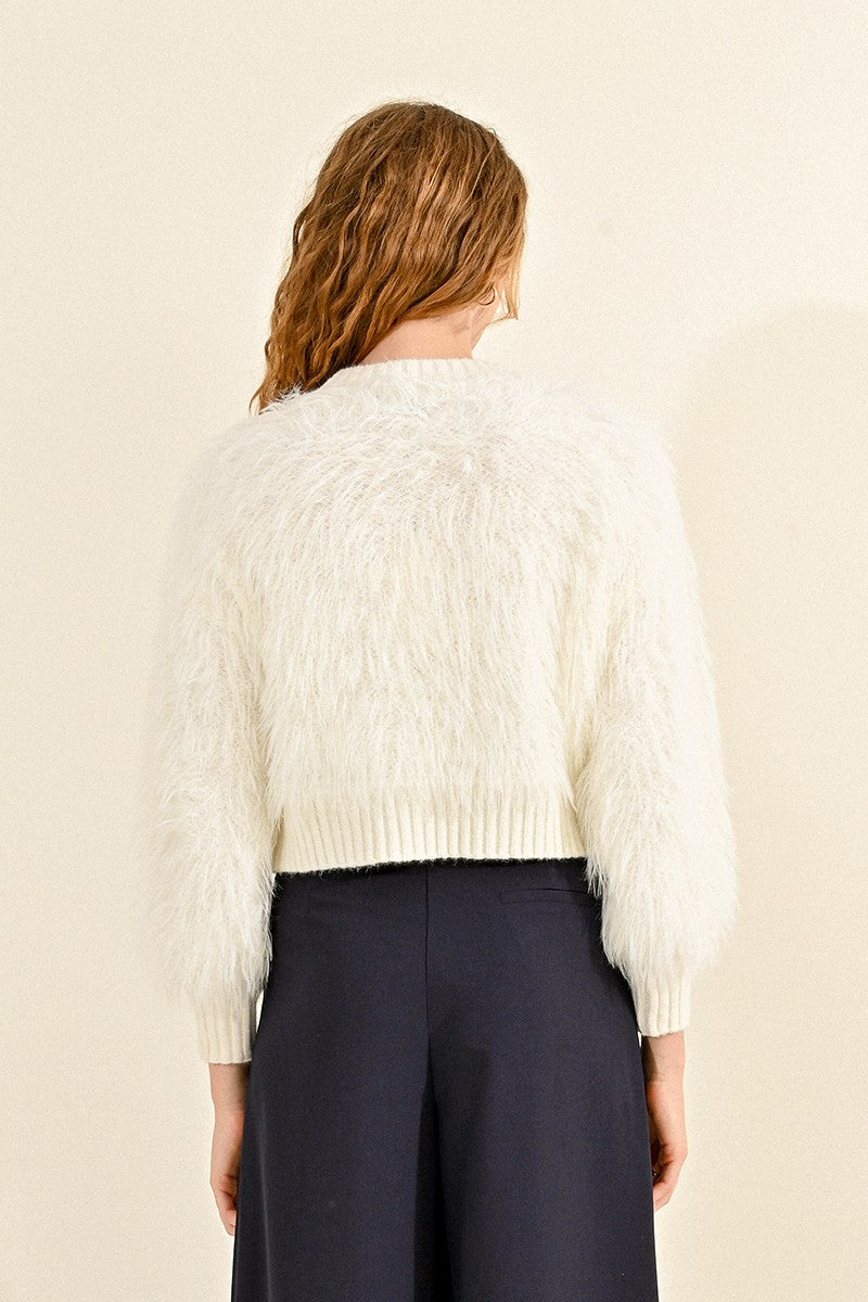 Textured Sleeved Cable Knit Sweater Off White