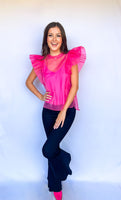 Kaycee Organza Ruffle Sleeve Top Hot Pink - ONLINE ONLY - Beau Kisses