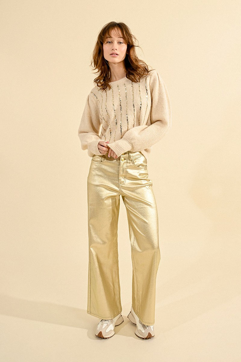 High Waisted Wide Leg Coated Pants Golden Beige