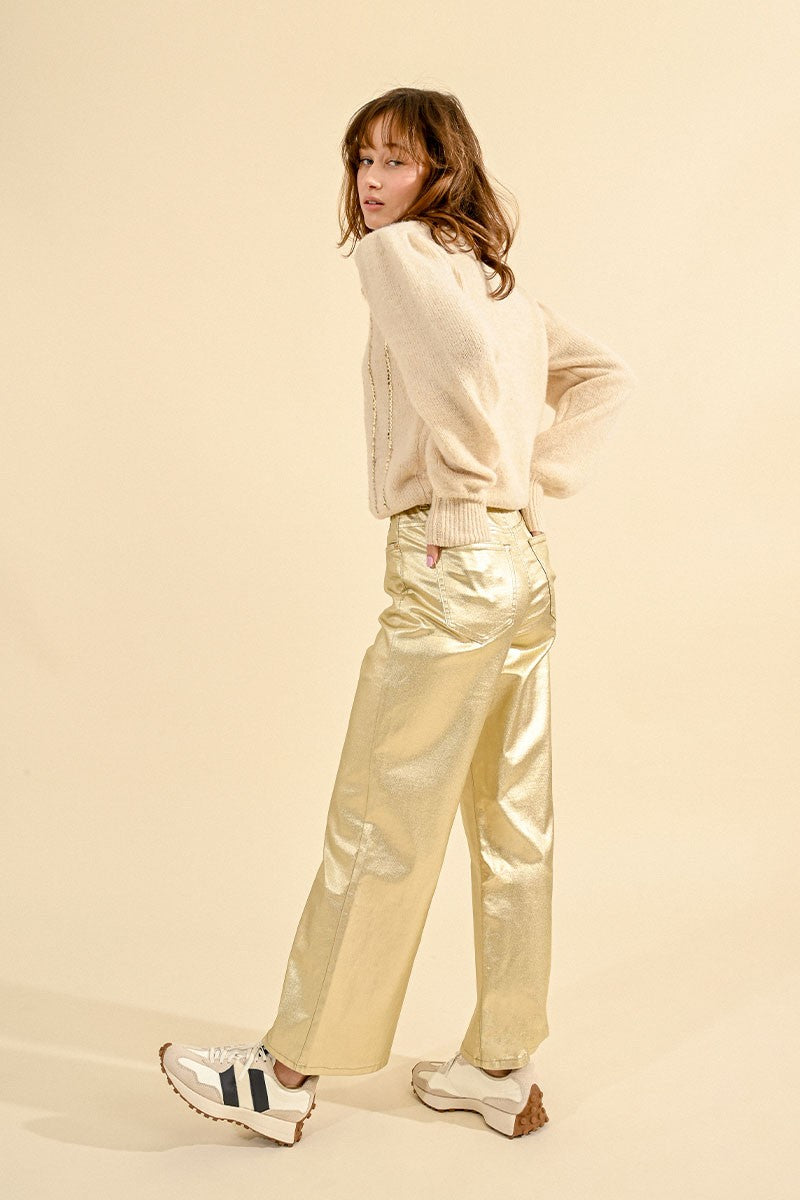 High Waisted Wide Leg Coated Pants Golden Beige