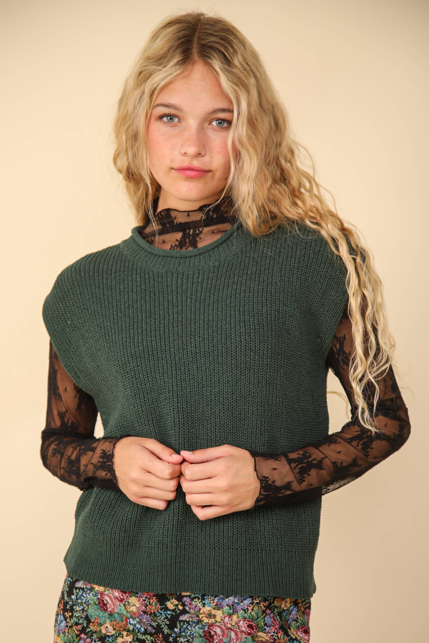 Oversized Soft Knit Sweater Vest Top Forest