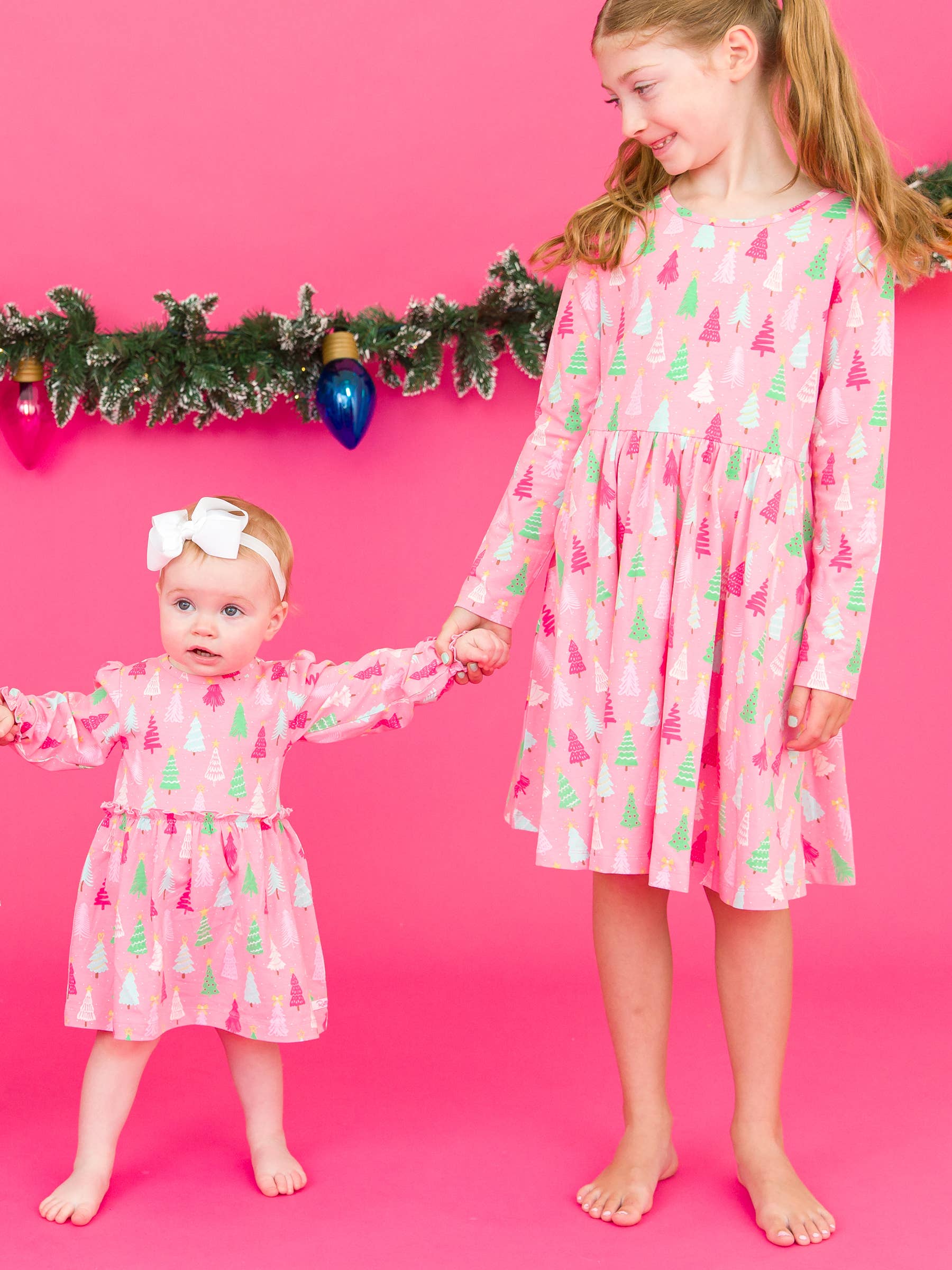 Girls Merry Pines Long Sleeve Twirl Dress Pink