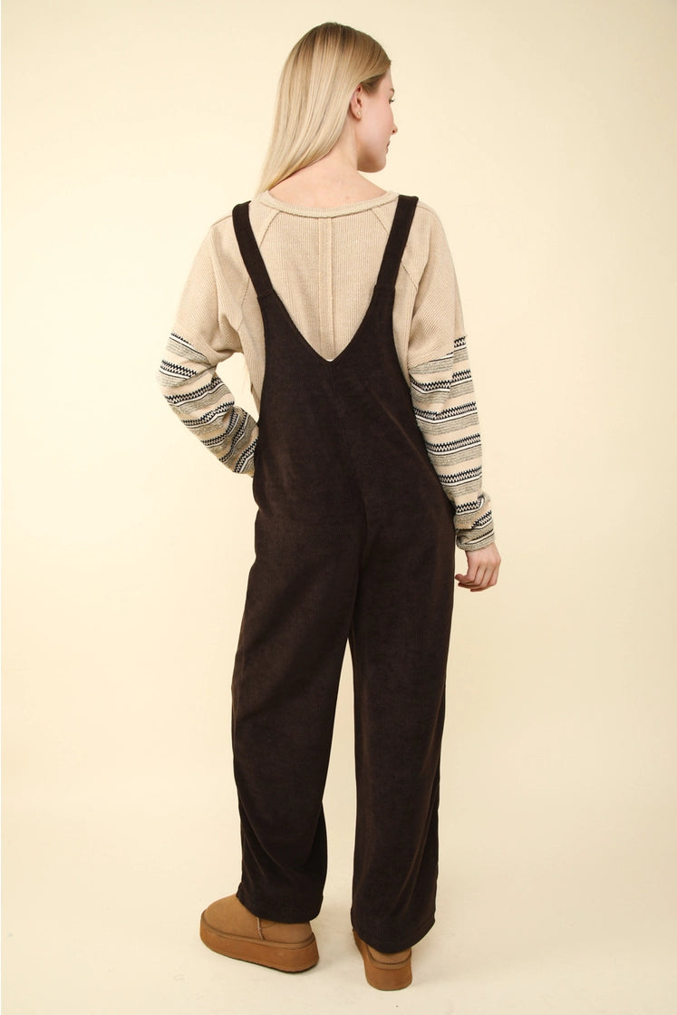 Soft Corduroy Straight Leg Overall Jumpsuit Brown