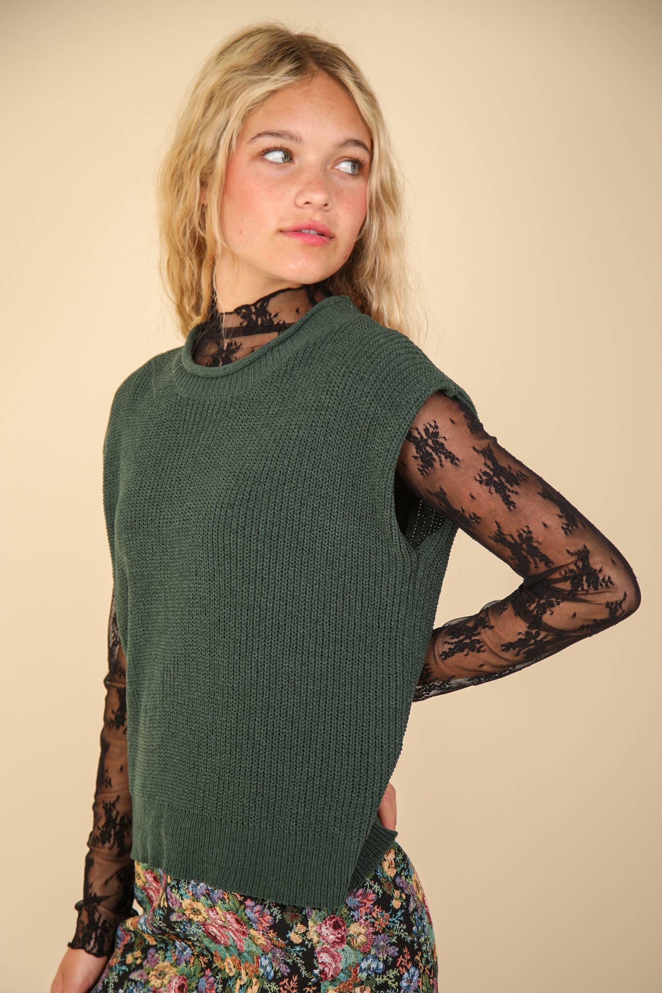 Oversized Soft Knit Sweater Vest Top Forest