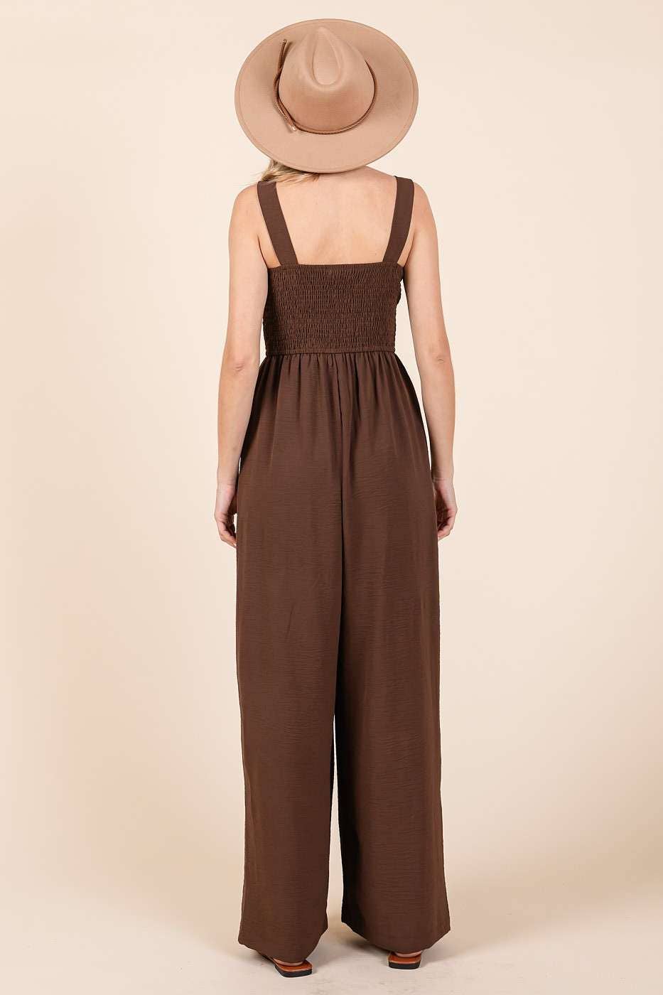 Airflow Smocked Sleeveless Wide Leg Jumpsuit Ash Brown