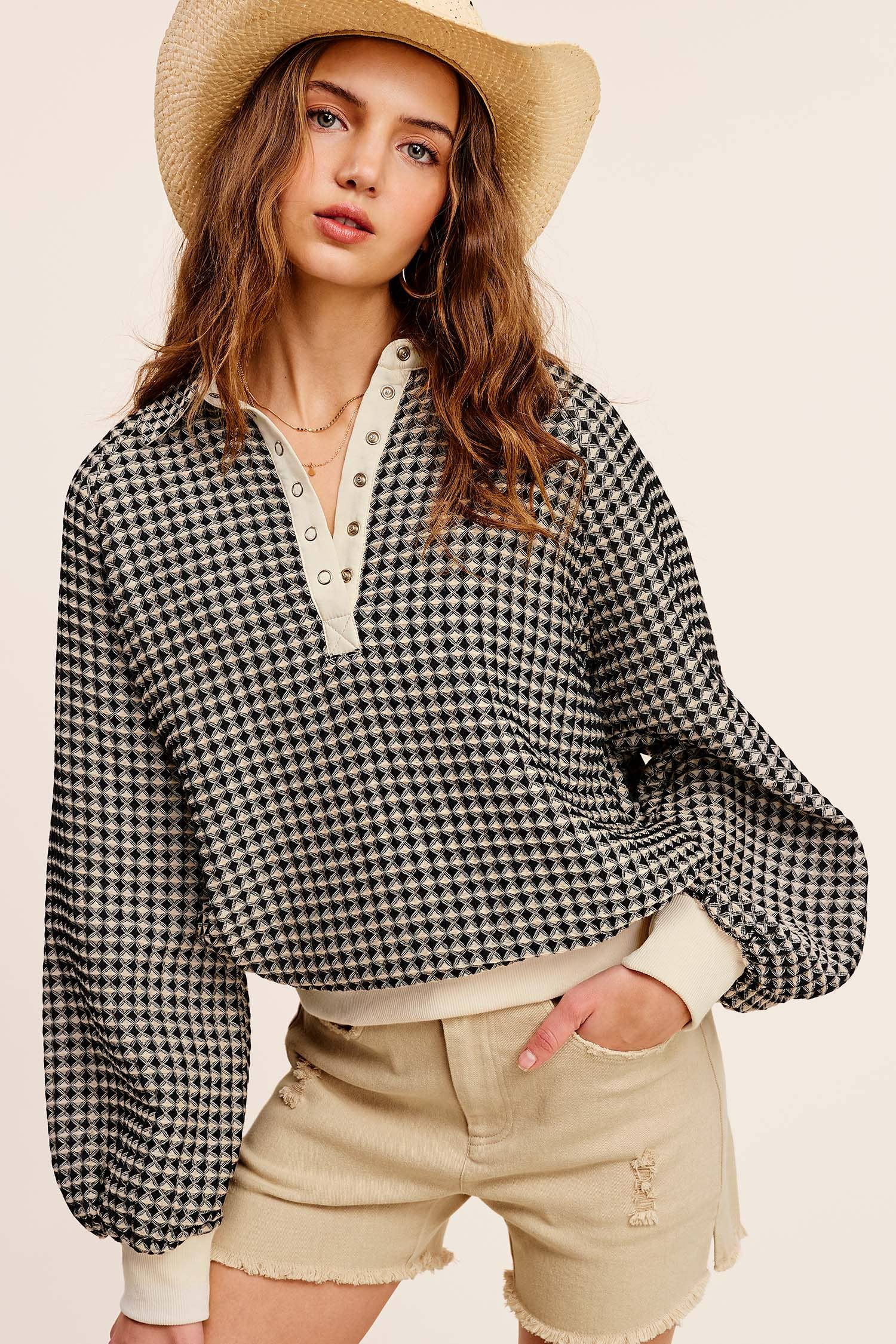 Two Tone Textured Snap Button Blouse Caviar