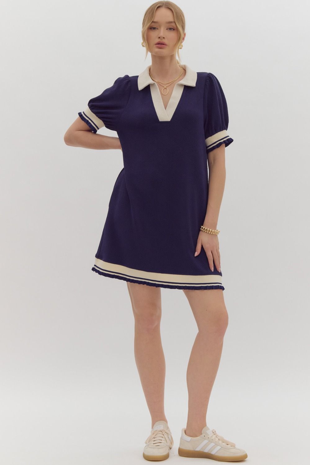 Textured Short Sleeve Collared Mini Dress Navy