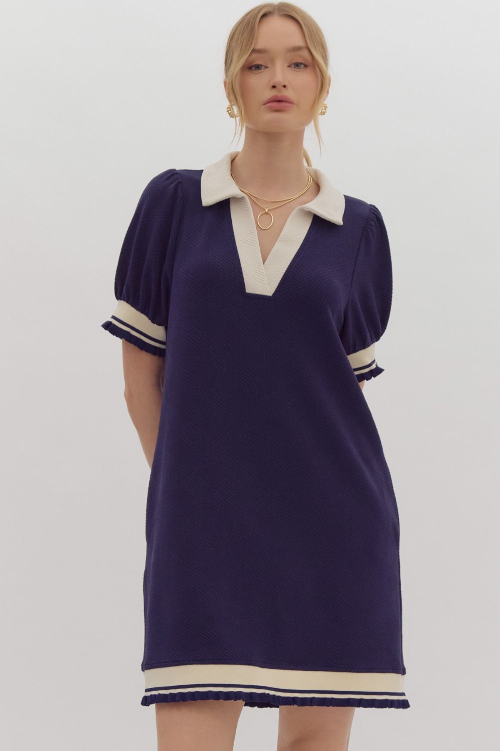 Textured Short Sleeve Collared Mini Dress Navy