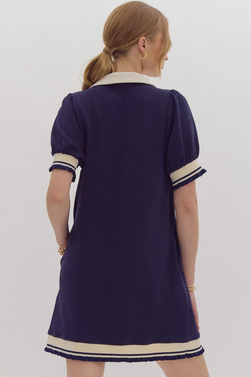 Textured Short Sleeve Collared Mini Dress Navy