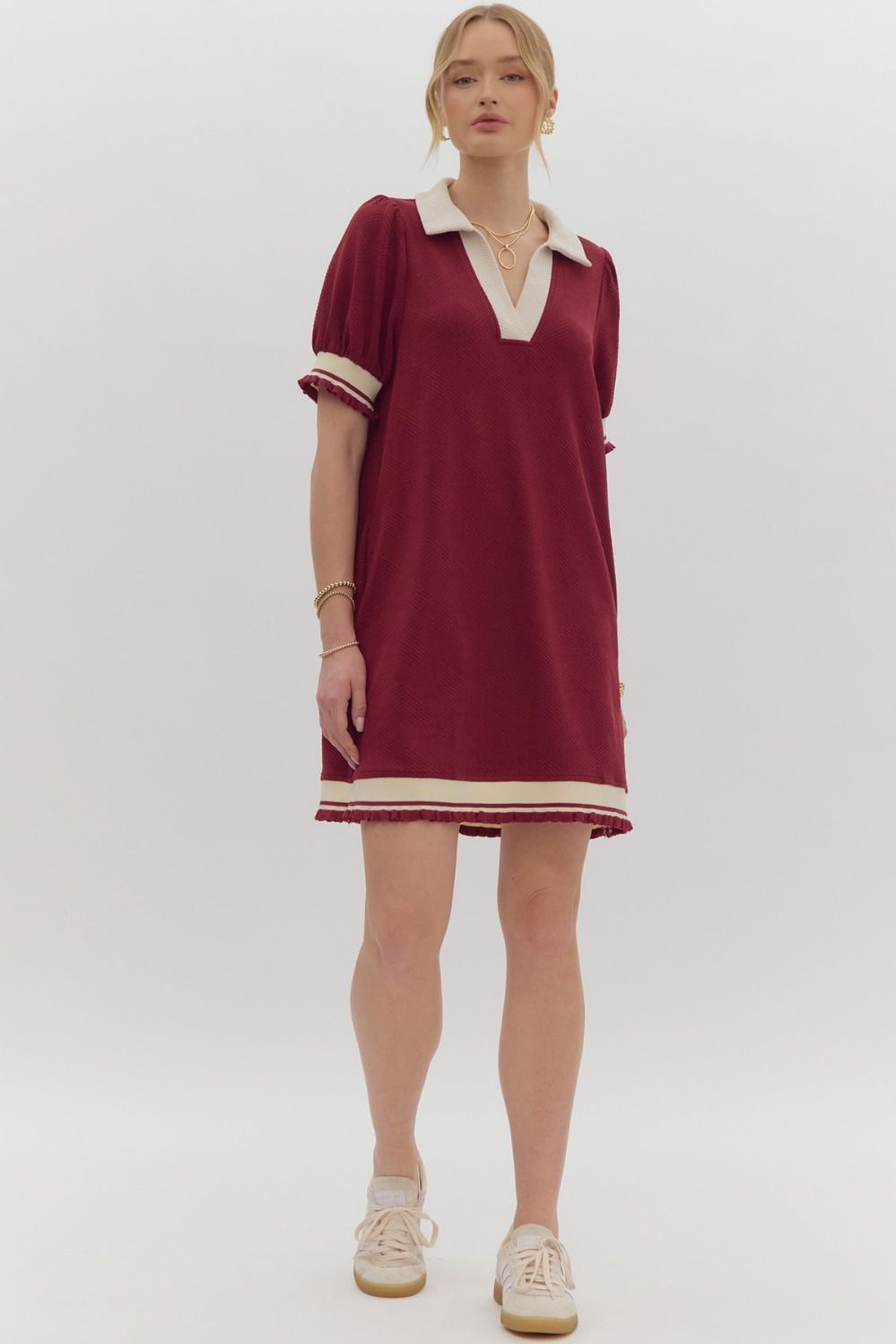 Textured Short Sleeve Collared Mini Dress Ruby