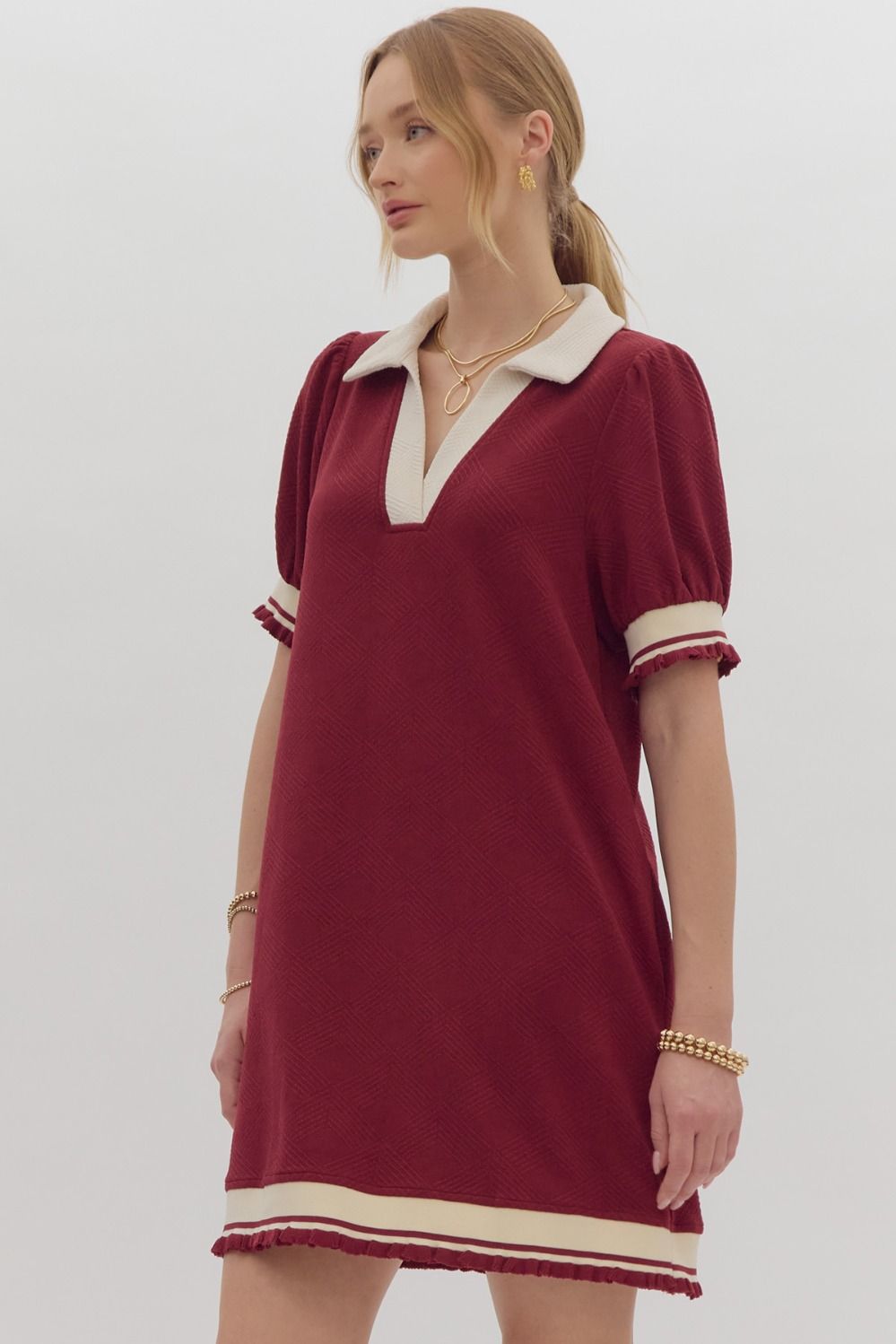 Textured Short Sleeve Collared Mini Dress Ruby