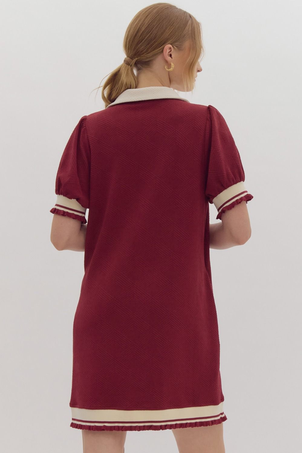 Textured Short Sleeve Collared Mini Dress Ruby