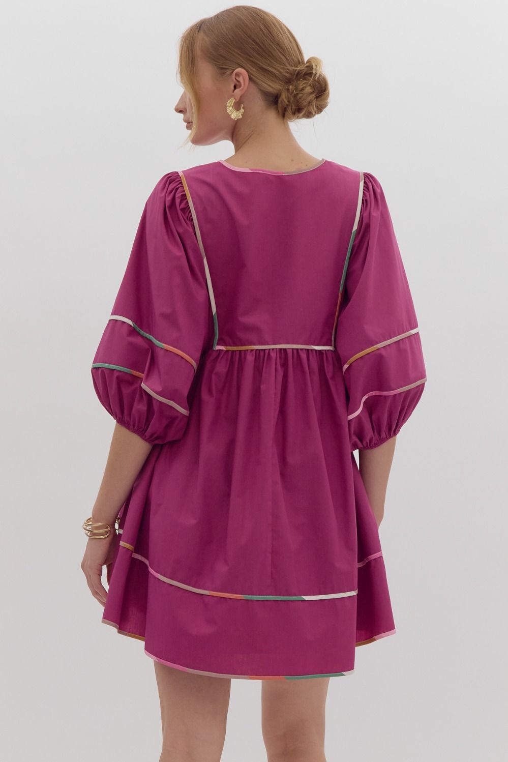 Bubble Sleeve Colorblock Trim Mini Dress Plum