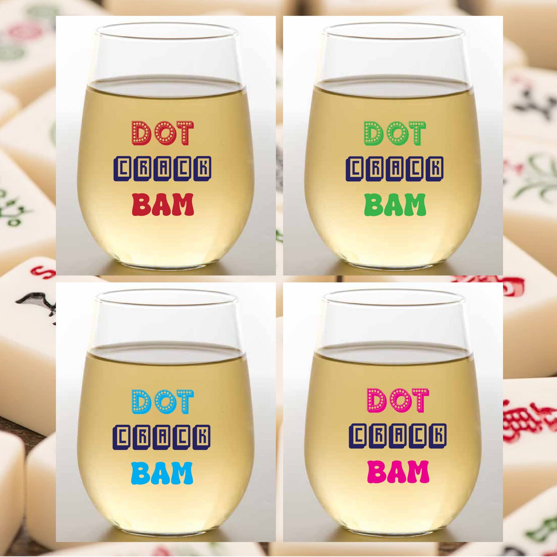 Mahjong Tritan Stemless Wine Tumblers 4 Pack - Beau Kisses