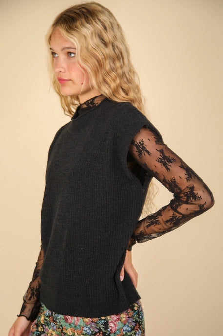 Oversized Soft Knit Sweater Vest Top Black