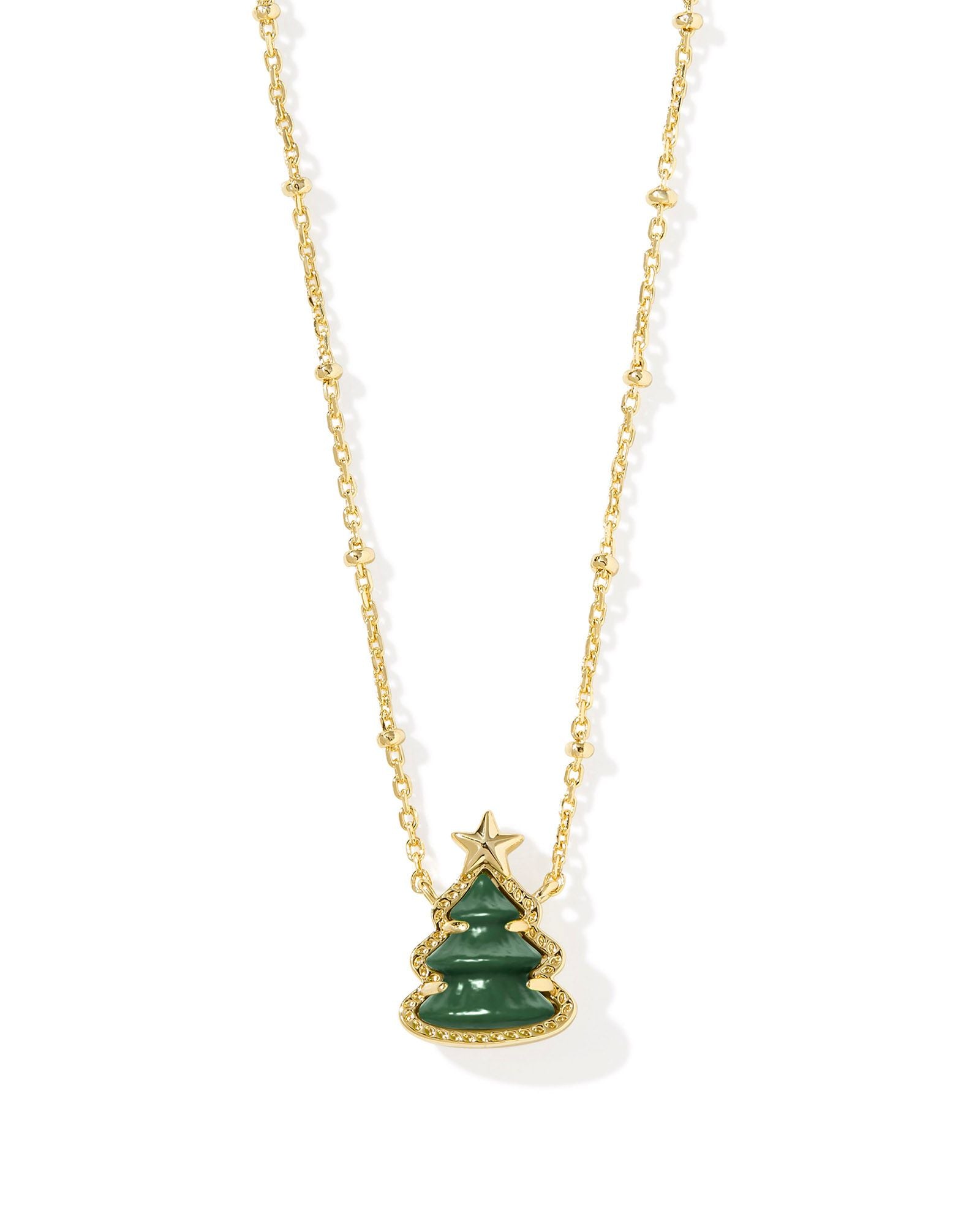 Holiday Tree Short Pendant Necklace Gold Green Quartzite - Beau Kisses