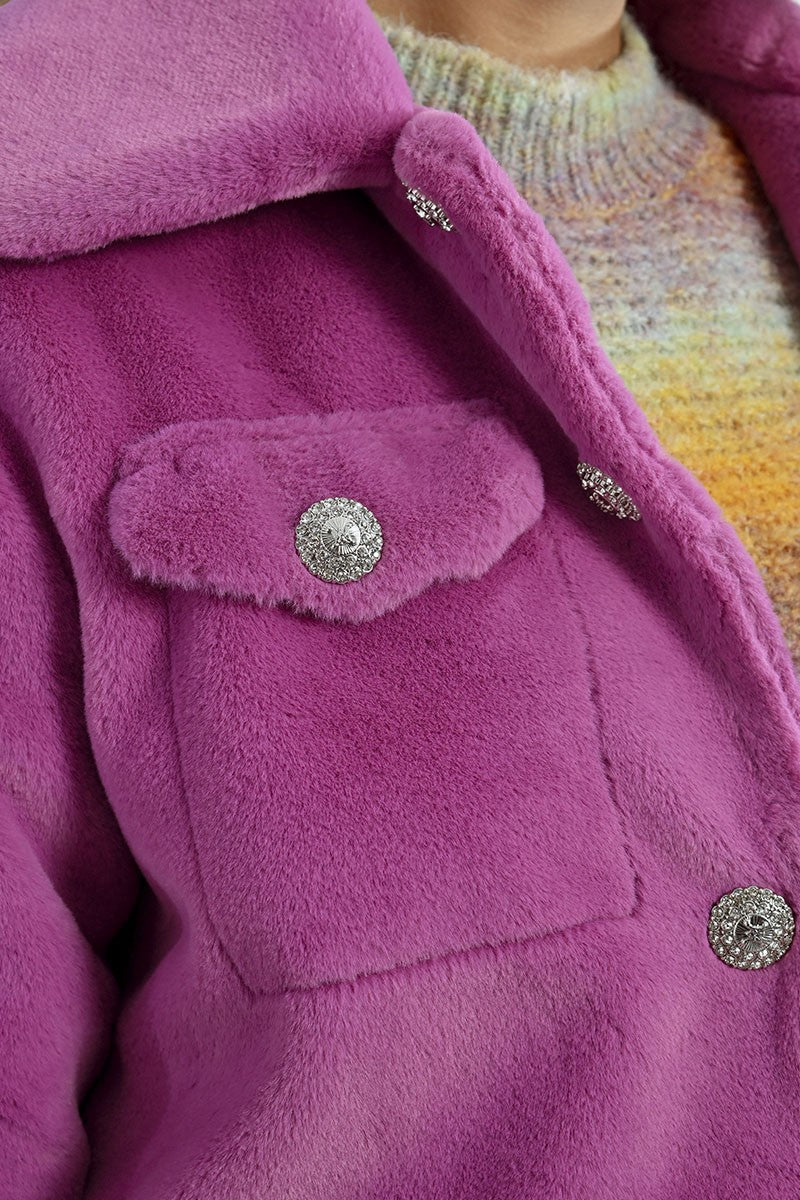 Faux Fur Button Jacket Pink