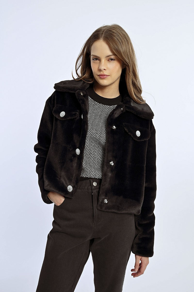 Faux Fur Button Jacket Black