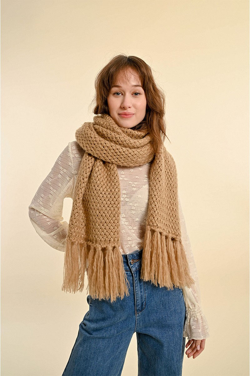 Fringed Mesh Scarf Beige