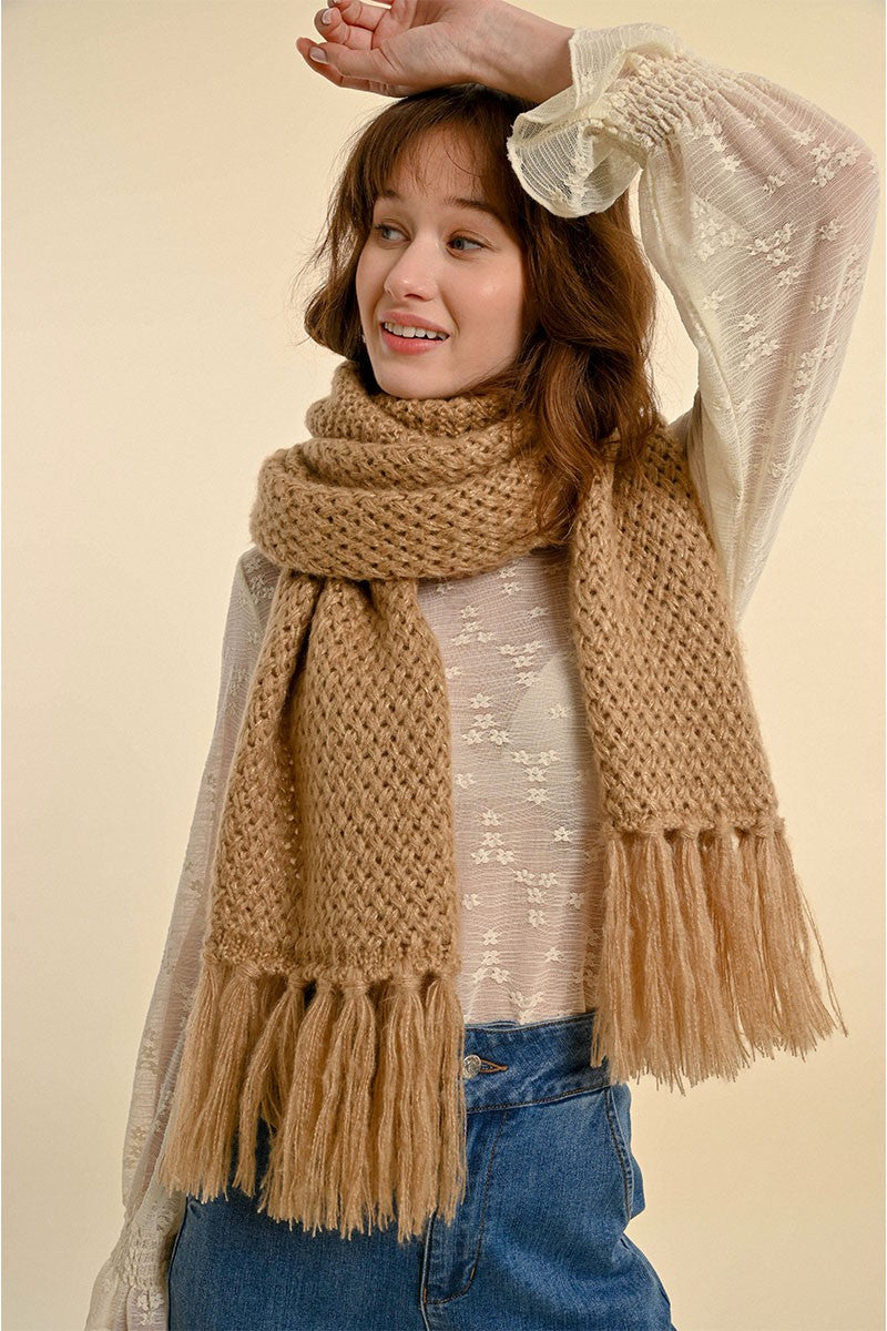 Fringed Mesh Scarf Beige