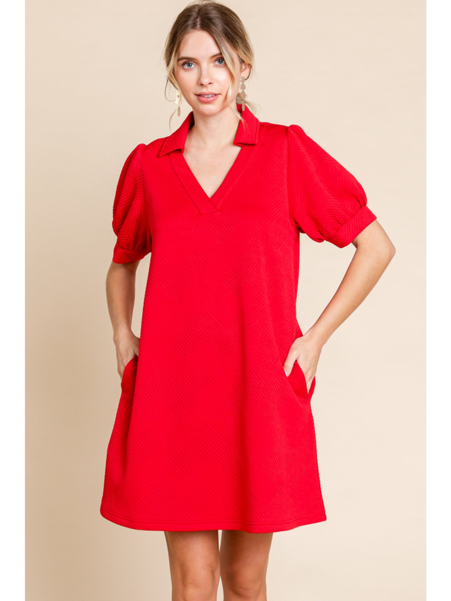 Open Collar Textured Dress Red