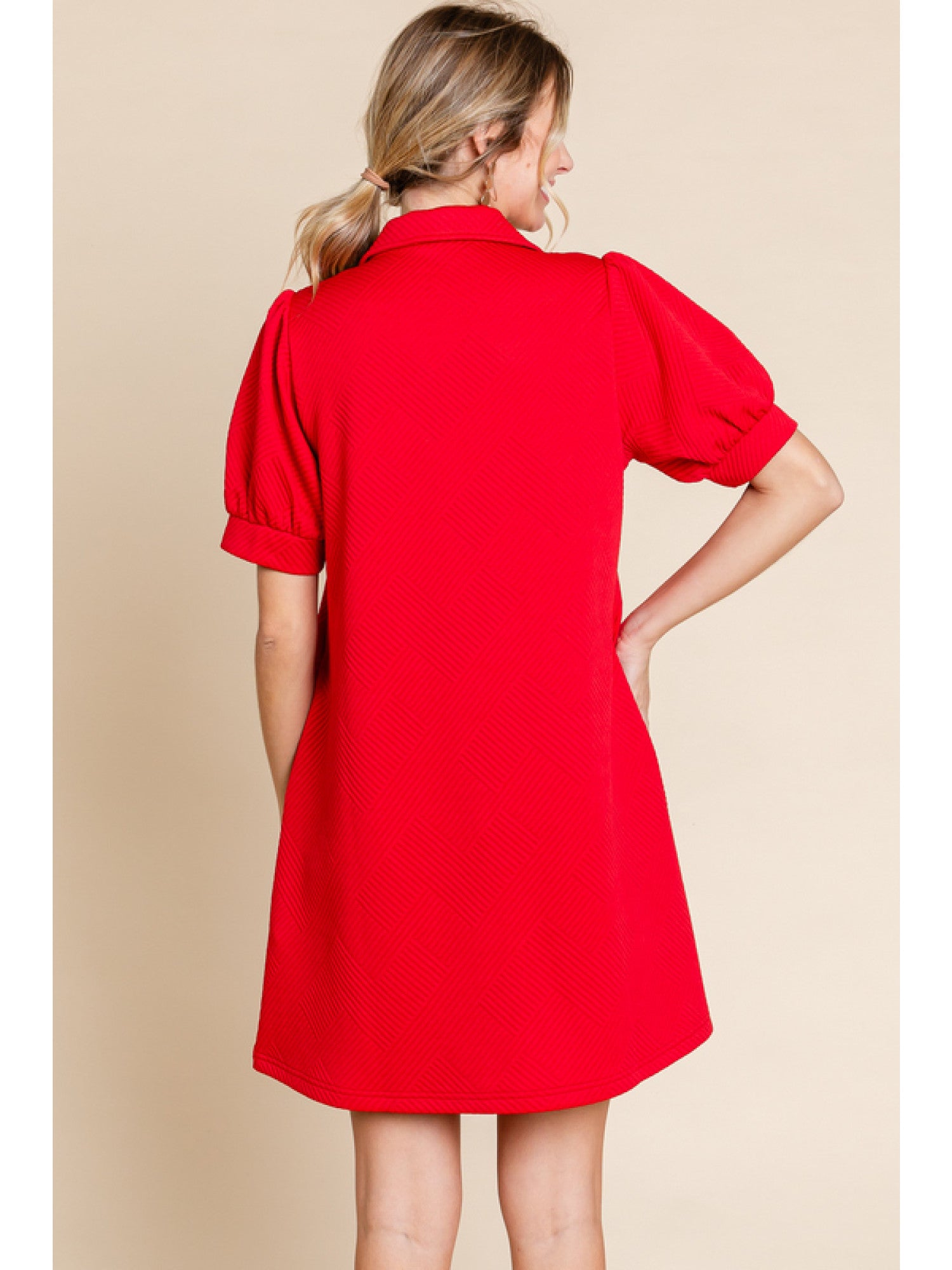 Open Collar Textured Dress Red