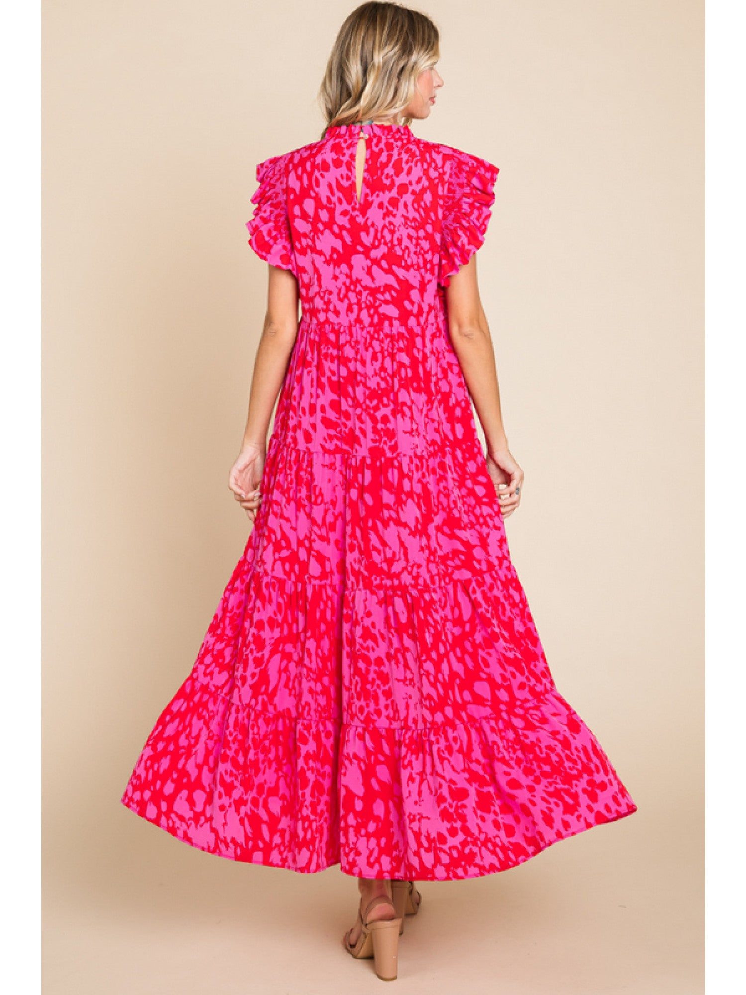 Printed Maxi Dress With Frilled Neck Neon Pink