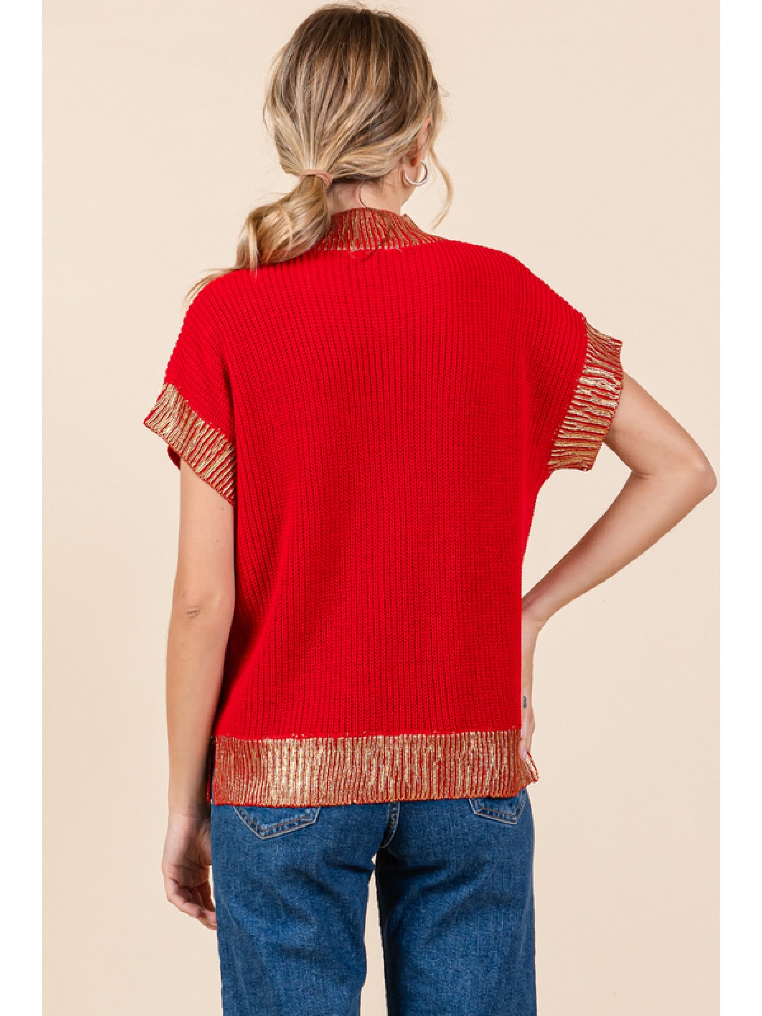 Metallic Detail Solid Knit Top Tomato Red