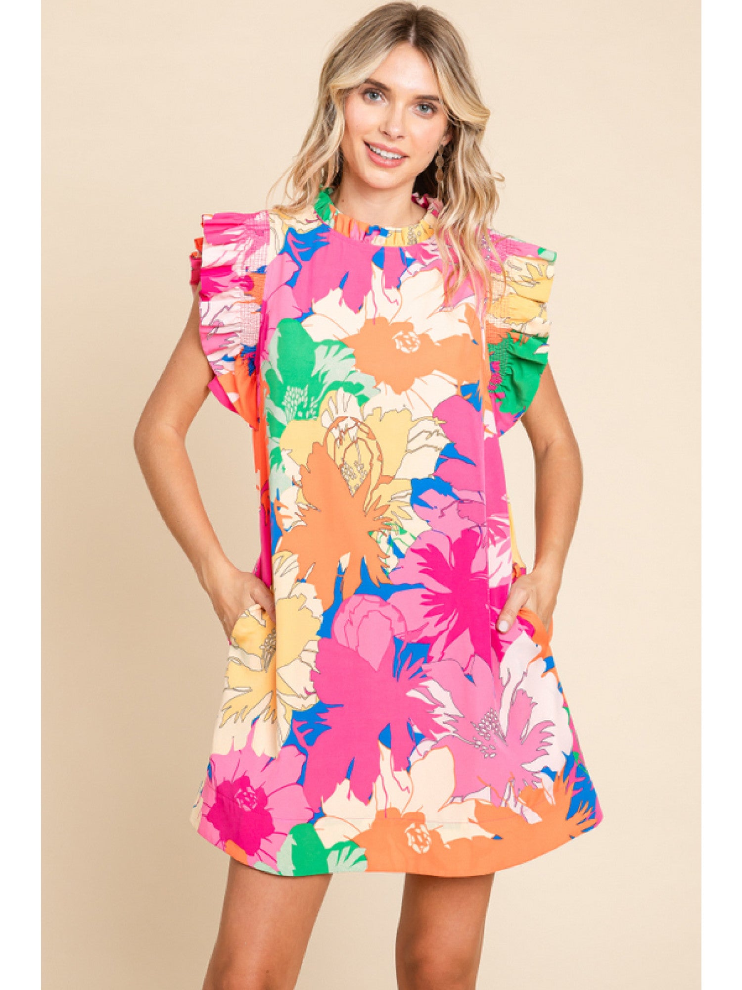 Flower Print Dress Hot Pink Mix