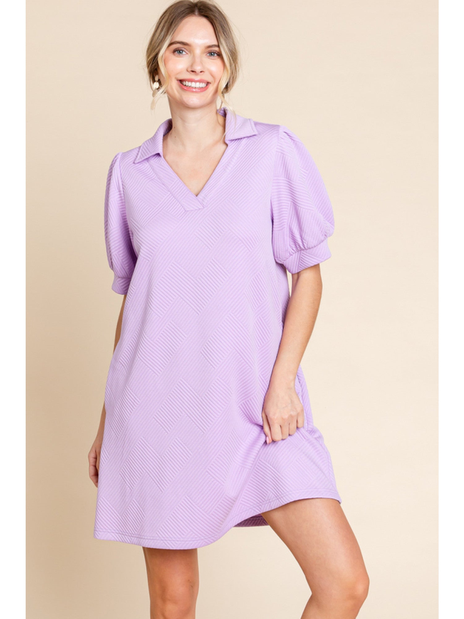 Open Collar Textured Dress Lavender
