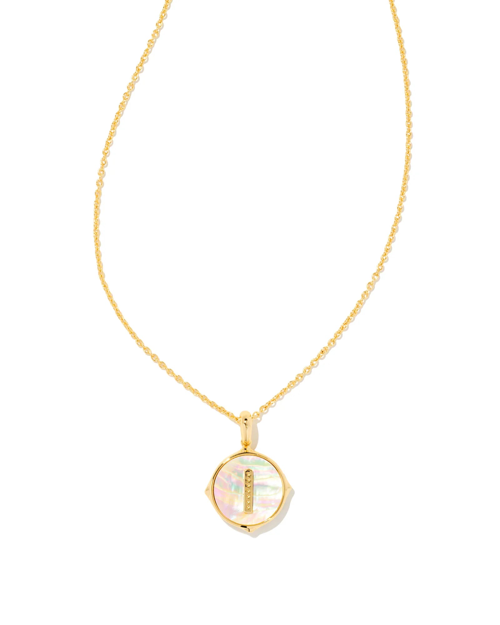 LETTER I DISC PENDANT NECKLACE GOLD IRIDESCENT ABALONE