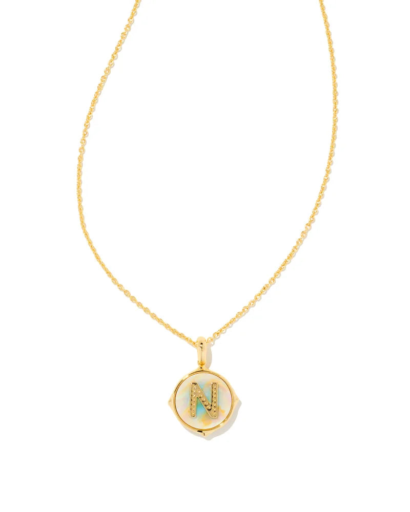 LETTER N DISC PENDANT NECKLACE GOLD IRIDESCENT ABALONE