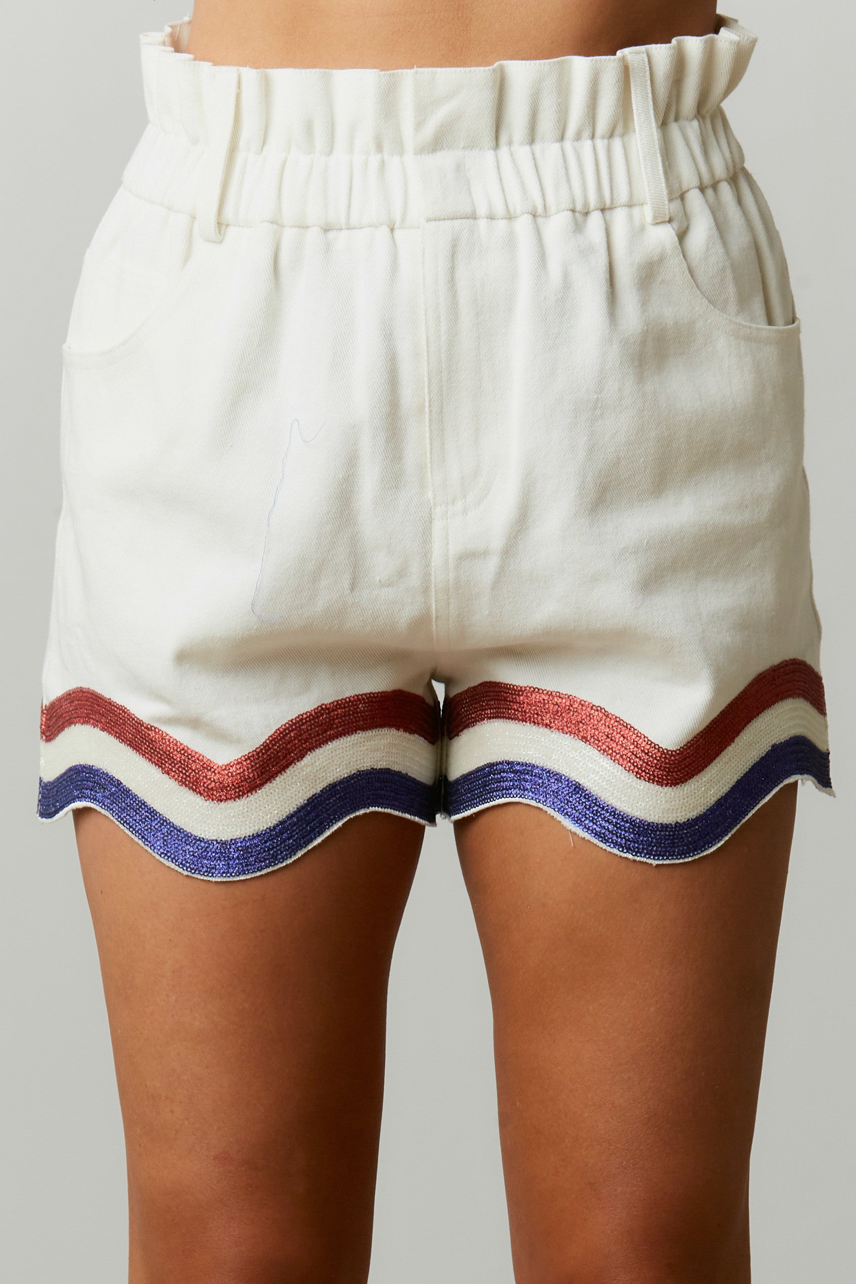 Sequin Curved Hem Paper Bag Shorts Off White ONLINE ONLY - Beau Kisses