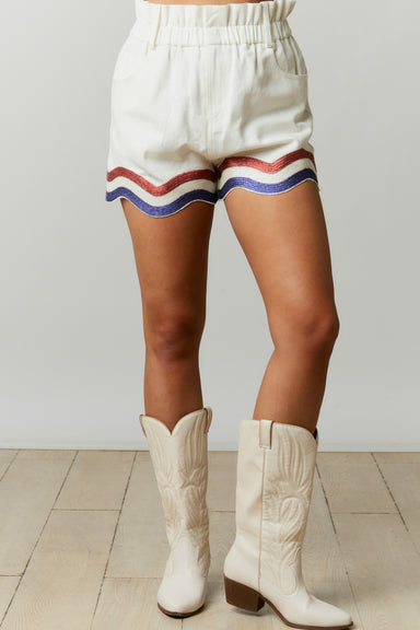 Sequin Curved Hem Paper Bag Shorts Off White ONLINE ONLY - Beau Kisses