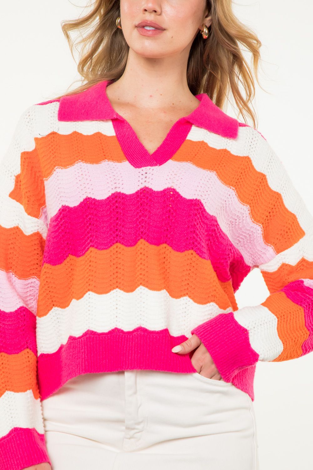 Collared Knit Stripe Sweater Pink