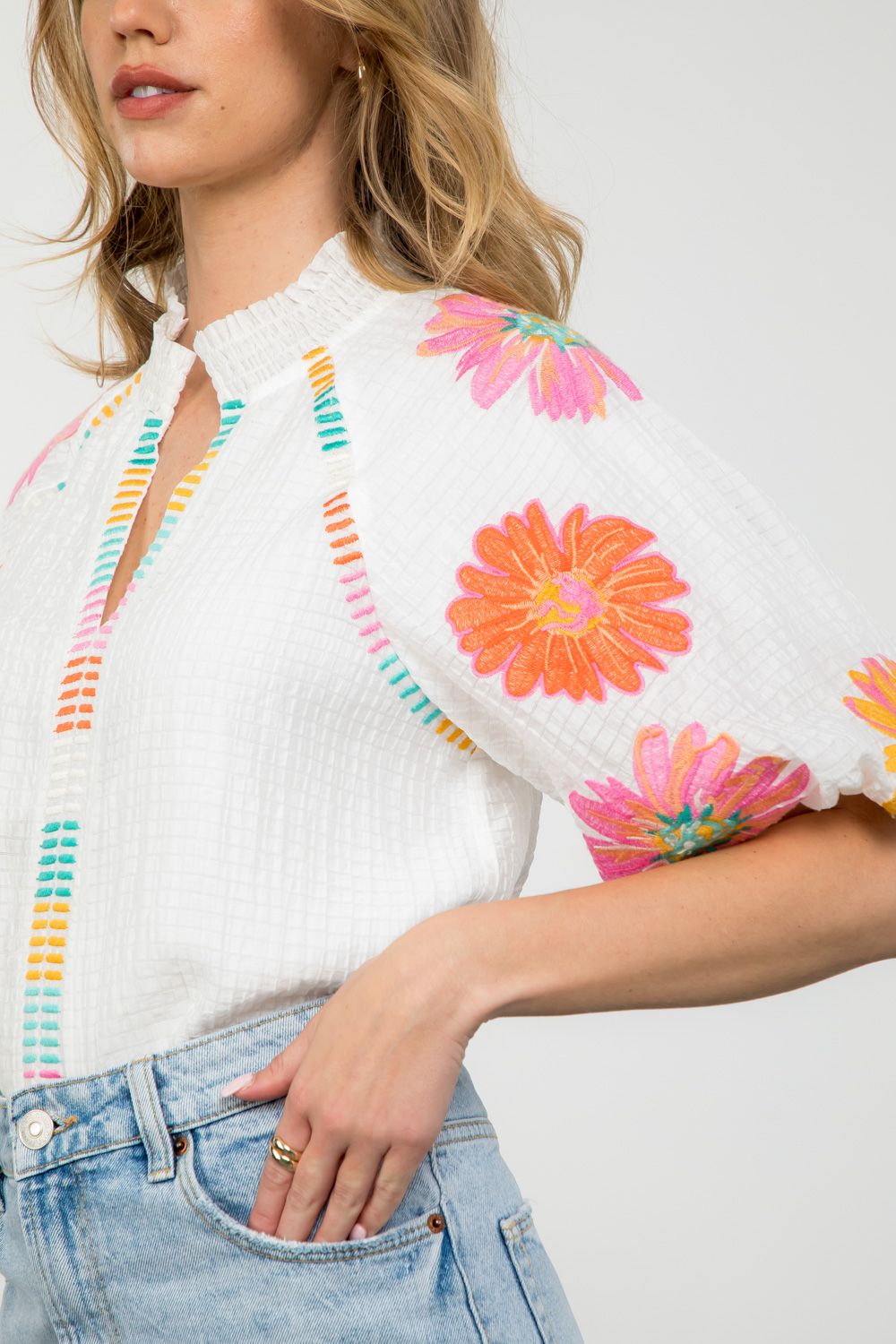 Embroidered Puff Sleeve Top White