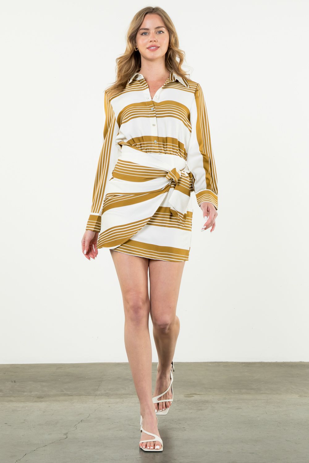 Long Sleeve Striped Midi Dress Ivory and Gold