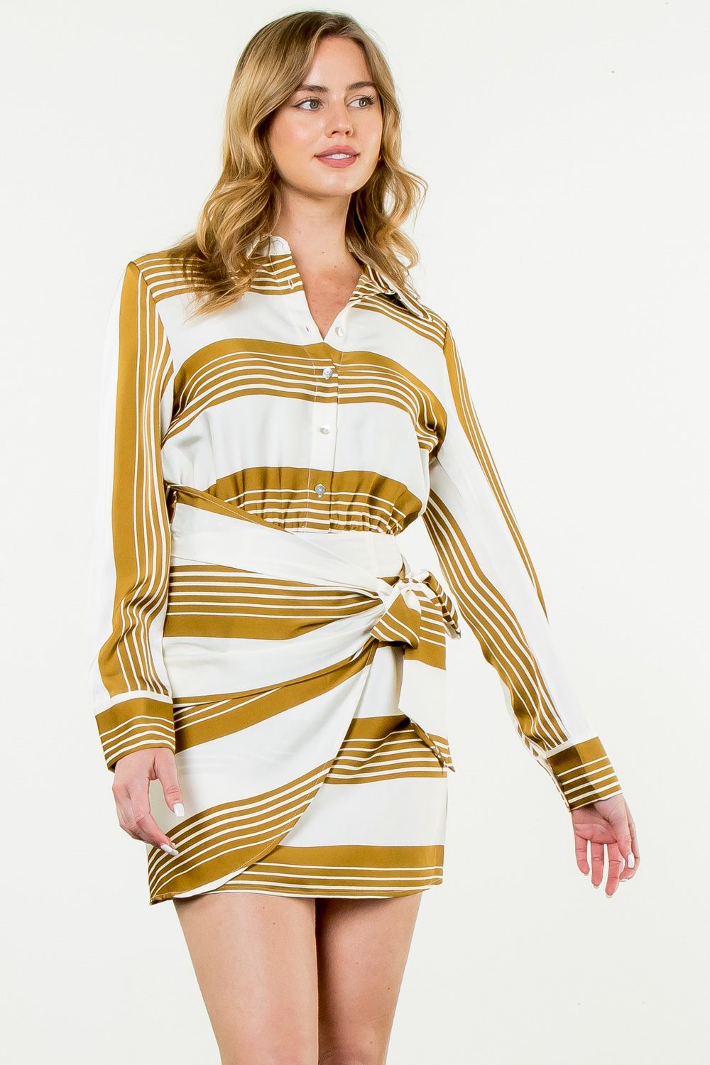 Long Sleeve Striped Midi Dress Ivory and Gold