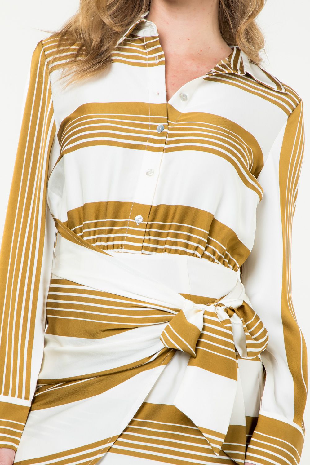 Long Sleeve Striped Midi Dress Ivory and Gold