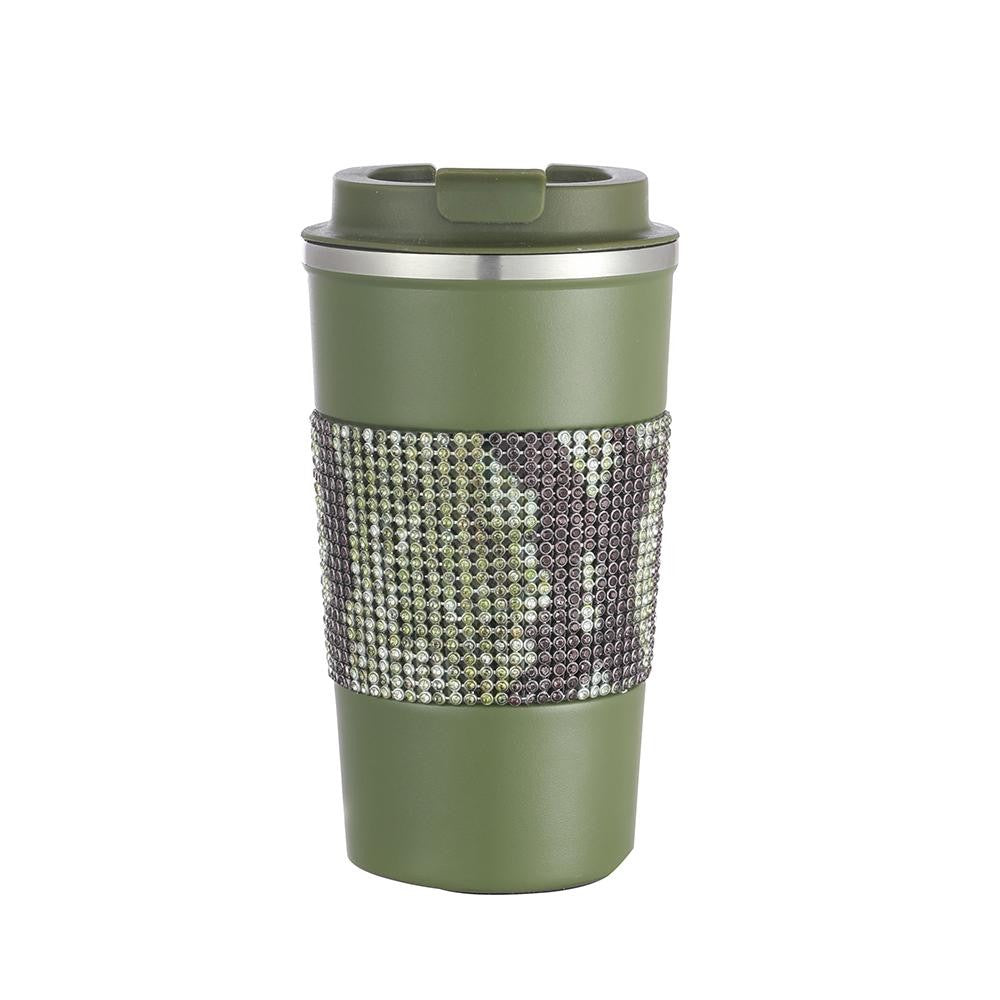 RHINESTONE WRAPPED STAINLESS COFFEE TUMBLER SOLID COLOR 17OZ