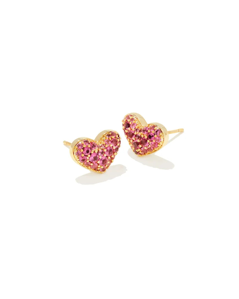 ARI PAVE CRYSTAL HEART EARRINGS GOLD PINK CRYSTAL