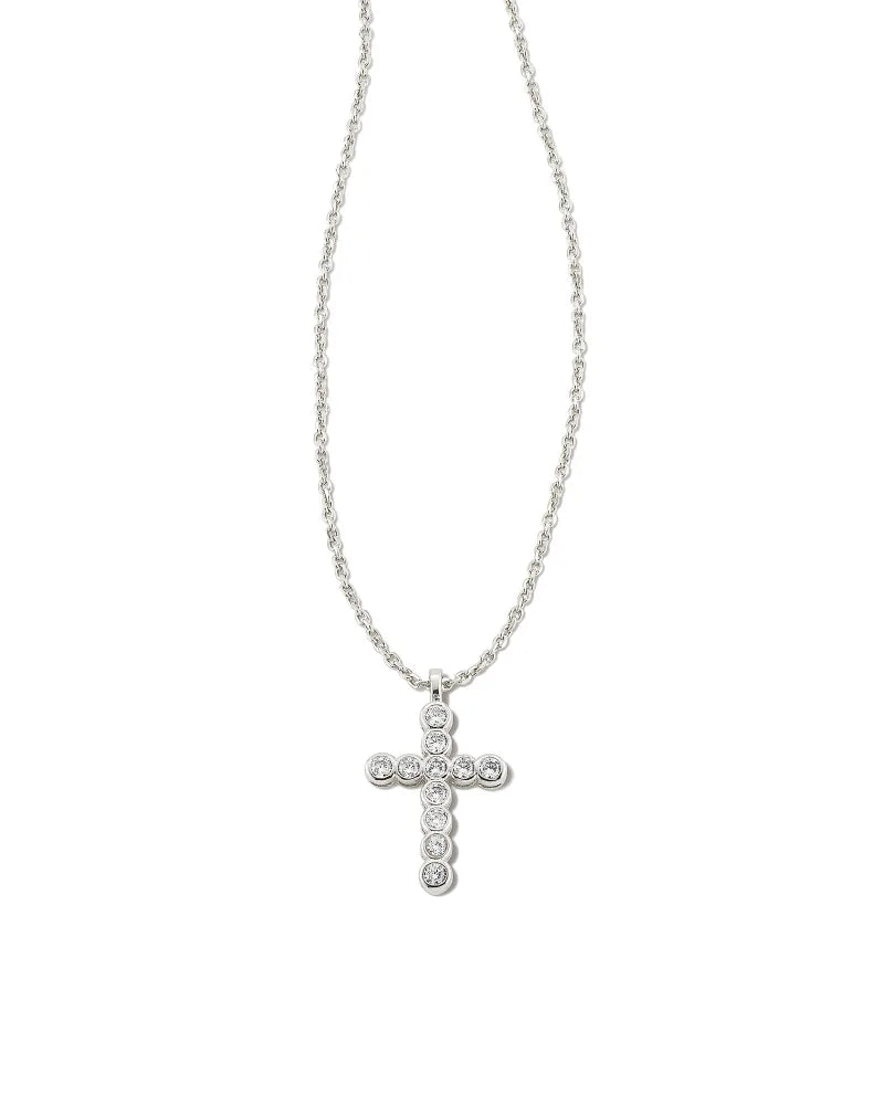 Cross Crystal Pendant Necklace Silver White Crystal - Beau Kisses