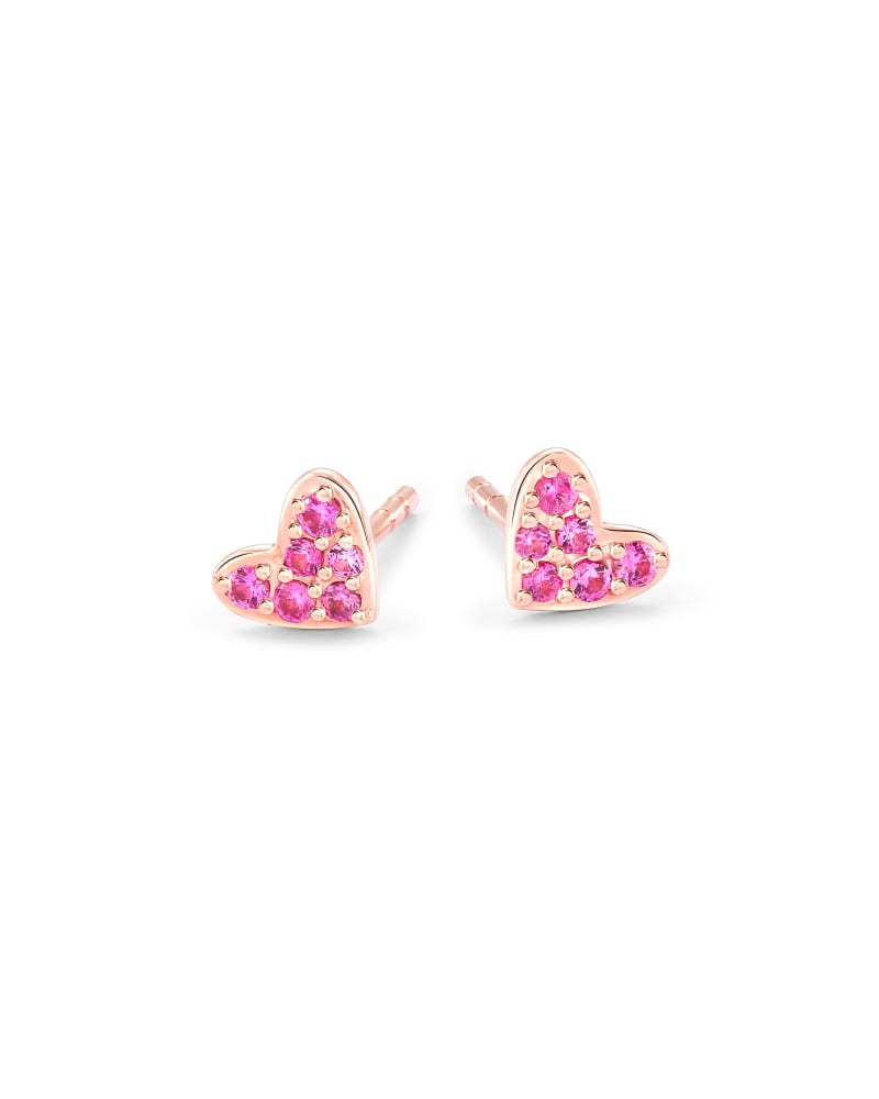 Heart Stud Earrings 14K Rose Gold Pink Sapphire