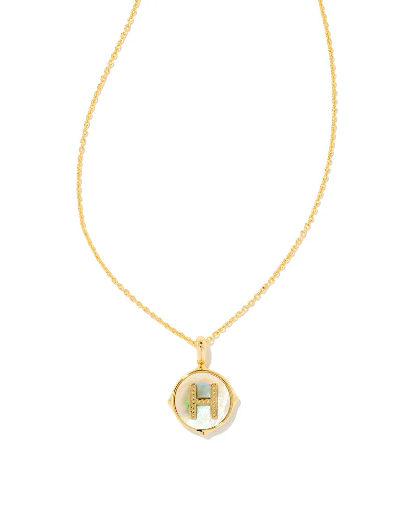 LETTER H DISC PENDANT NECKLACE GOLD IRIDESCENT ABALONE
